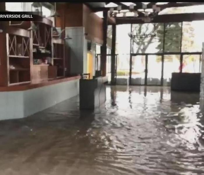 The lobby of a local business is flooded.